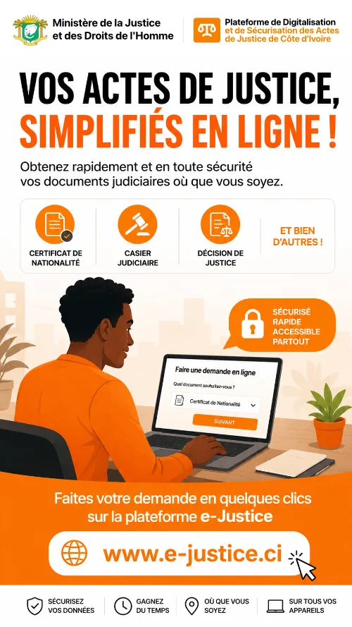 Bannière e-Justice Côte d'Ivoire : vos actes de justice simplifiés en ligne